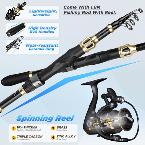 PLUSINNO Fishing Gear- Fishing Rod and Reel Combos, Fishing Backpack, Fishing Net, Fishing Bag with Rod Holders and Tackle Box for Freshwater/Saltwater, Fishing Gifts for Men - style: Black Backpack With Rod&net