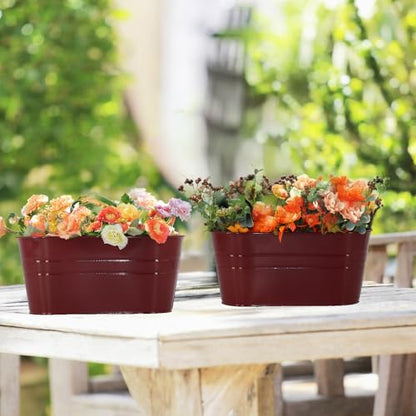 3 Pack Metal Railing Planters, 10.5" Oval Hanging Flower Pots with Detachable Hooks & Drainage Holes, Fits Rails up to 2.36", Galvanized Iron Fence Bucket for Balcony Garden Patio - Red - color: Red, size: 3 Pack, 10.5"L x 5.7"W x 4.7"H