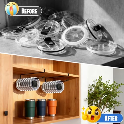 2 Pack Tumbler Lid Organizer, Versatile Cup & Water Bottle Lid Holder, Upgraded Kitchen Space Saver & Under Cabinet Storage, No Adhesive or Drilling Needed, Multi-Use Tumbler Lid Holder, Black - style: 2 Pack, Black