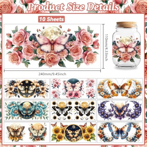 UV DTF Cup Wraps Transfer Stickers Flower Moth Pattern, 10 Sheets Waterproof Custom Vinyl Transfer Sticker 16oz Coffee Glass Cup Tumbler Bottle Mug Decals for Men Women - style: Flower Moth
