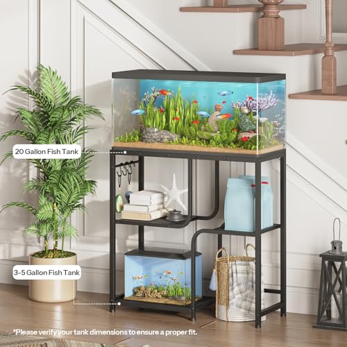 HOOBRO 20 Gallon Fish Tank Stand with Storage Shelves, Heavy Duty Aquarium Stand, Metal Frame Reptile Turtle Tank Stand, 29.9”L x 11.8”W, 220 LBS Capacity, Black BB74FT01