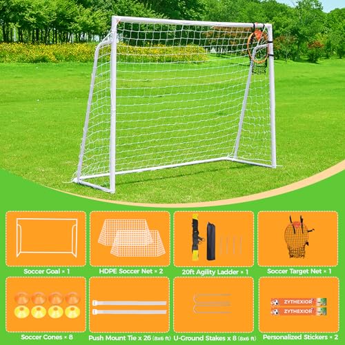 Soccer Goal 12x6,10x6.5, 8x6, 6x4FT Soccer Goals for Backyard Metal Soccer Goals for Kids Youth Adults Large Outdoor 2" Steel Soccer Goal Post Frame with Soccer Net Target Net Agility Ladder - size: 8×6 FT