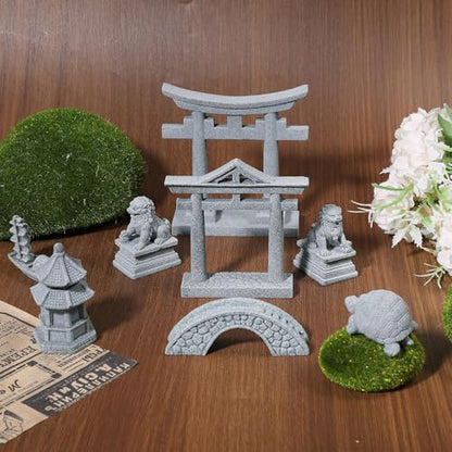 11Pcs Mini Zen Garden Accessories Miniature Fairy Garden Decoration Set Bridge Torii Gate Foo Dogs Sandstone Sculptures Statues for Fish Tank Patio Micro Terrarium Bonsai