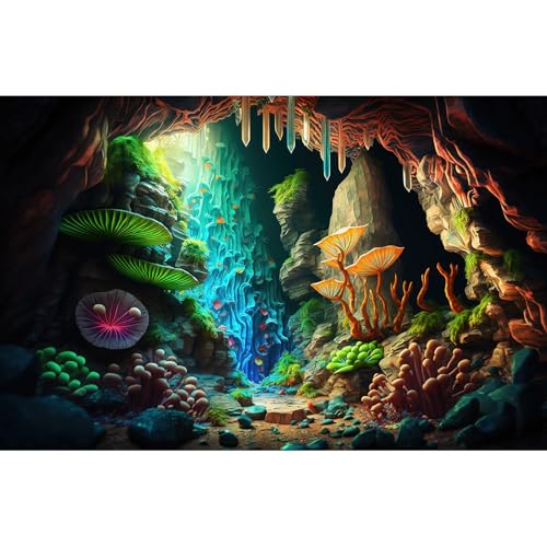 Jungle Cave Aquarium Background Cartoon Cave Landscape Fish Tank Background Abstract Bright Lights Luminous Mushrooms Tropical Plants Reptile Tank Enclosure Terrarium Backgrounds 36x24in
