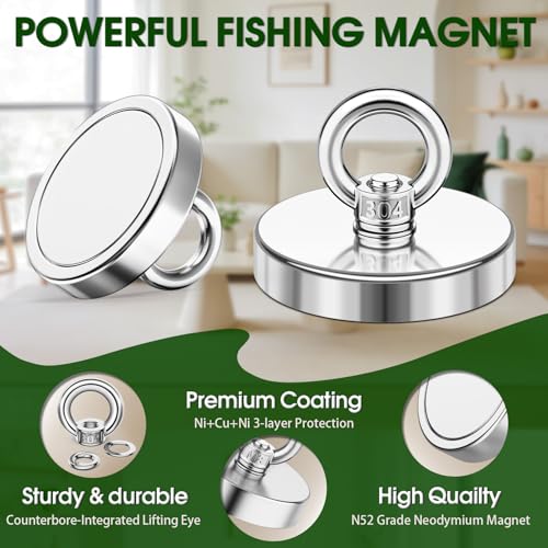 Neodymium Fishing Magnet, 500 lbs Strong Magnet Fishing, Magnetic Fishing Magnets, Rare Earth Magnet with Countersunk Hole Eyebolt for Retrieving Items in Lake, Beach, Lawn 2.36’’(60mm) - size: 2.36IN-External Thread