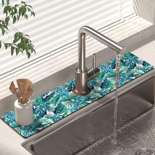 Kitchen Sink Splash Guard Faucet Mat 24" X 5.5" Tropical Leavesl Absorbent Fast Drying Mat Faucet Draining Mat Sink Splash Guard Behind Faucet Drip Catcher for Kitchen Bathroom - color: Leaf, size: 24*5.5in