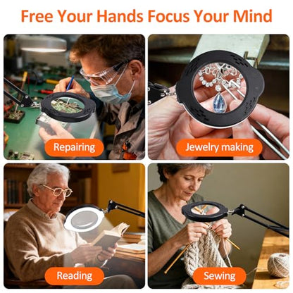 Magnifying Glass with Light and Stand, 10X 30X LED Desk Magnifier with Real Glass Lens, 5 Color Modes, 3 Brightness Levels, Hands-Free Magnifying Lamp for Reading, Crafts, Electronics and Jewelry