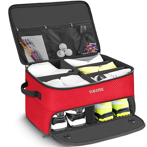 YOREPEK Golf Gifts for Men, 2 Layer Golf Trunk Organizer for 2 Pair Shoes | Waterproof Car Trunk Locker with Separate Ventilated Compartment for Balls, Tees, Clothes, Gloves, Birthday Gifts for Golfers - color: Standard-Red