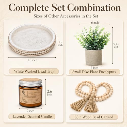 Novabright 6 Pcs Rustic Bobo Farmhouse Lantern Decor Set Candle Lanterns Decorative Indoor with Wooden Tray Bead Aromatherapy Candle Faux Plant Rustic Decor for Living Room Mantel Housewarming Gift - style: Rustic Bobo