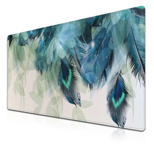Gaming Mouse Pad Navy Desk Mat Large Desk Pads Mens Office Accessories Pad for Table Non-Slip Rubber Base Waterproof with Stitched Edges 35.4" X 15.7" for Game Office, Peacock Feather
