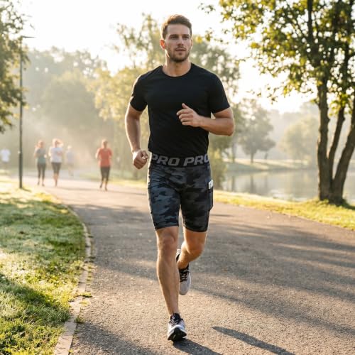 LANBAOSI Mens Compression Shorts with Phone Pocket Running Gym Yoga Athletic Tights Baselayer Summer Cool Dry Underwear Pack - color: Black+camo Black+camo Green, size: Large