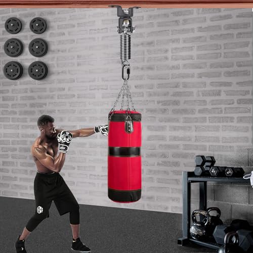 BeneLabel Heavy Bag Ceiling Mount with Spring & Chains 360° Rotation Punching Bag Ceiling Hanger with Bearings Boxing Bags Holder Hardware with 2 Wood Screws and 2 Expansion Screws - color: Hanger with Straight Spring (275 LBs Capacity)