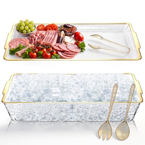 1 Set 16" x 9" Chilled Serving Tray for Parties with Compartments Ice Chilled Party Crudite Platter Charcuterie Serving Board Cold Dish Dip Tableware for Seafood Vegetable (Gold Glitter)