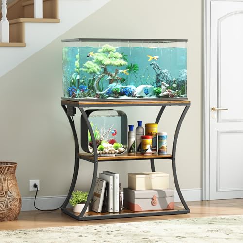 20-29 Gallon Fish Tank Stand with Power Outlet, 3-Tier Aquarium Stand with Storage, Heavy Duty Metal Frame Tank Rack for Home Office, 31.5" L x 15.7" W x 30.4" H, Rustic Brown