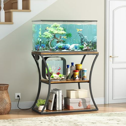 20-29 Gallon Fish Tank Stand with Power Outlet, 3-Tier Aquarium Stand with Storage, Heavy Duty Metal Frame Tank Rack for Home Office, 31.5" L x 15.7" W x 30.4" H, Rustic Brown