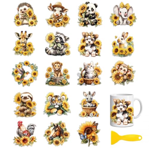 Peacoblue 18 Sheets Rub on Transfers for Crafts, Sunflowers and Animals 3.6"x3.9" UV DTF Cup Wraps Waterproof Rub on Cold Transfers Stickers for Wood Glass Metal Cup Tumblers Mirrors Mugs Home Decor - style: Sunflowers and Animals
