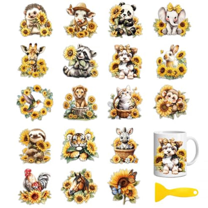 Peacoblue 18 Sheets Rub on Transfers for Crafts, Sunflowers and Animals 3.6"x3.9" UV DTF Cup Wraps Waterproof Rub on Cold Transfers Stickers for Wood Glass Metal Cup Tumblers Mirrors Mugs Home Decor - style: Sunflowers and Animals