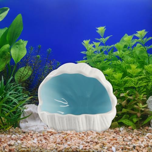 Cute Betta Fish Tank Accessory Decorations Ceramic Conch Shell-Shaped House Aquarium Decor Thematic Ornament Hideout Cave for Shrimp Fish Playing or Hiding (Blue, Small with 50pcs Pearl)