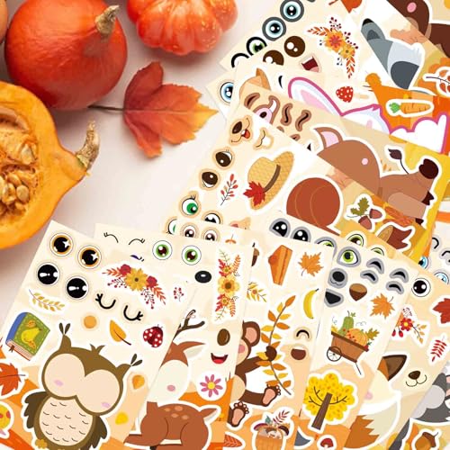 24 Sheets Fall Stickers for Kids Toddlers, Autum Animal Stickers Make-a-face Sticker Make Your Own Sticker 8 Designs of Animal Owl Squirrel Hedgehog Fox Fall Party Decorations Supplies - style: Fall Animal Stickers