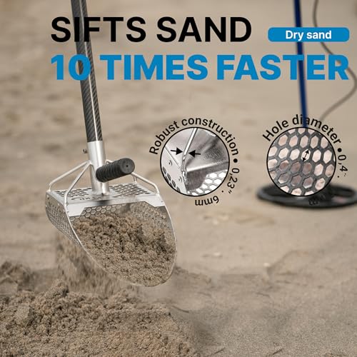 Sand Scoops for Beach Metal Detecting Stainless Steel Beach Metal Detecting Shovel Underwater Treasure Hunting, Metal Detector Accessories(Bag + Scoop + Carbon Fiber Handle), (11x7 + Handle) - size: 11 x 7 in + Handle