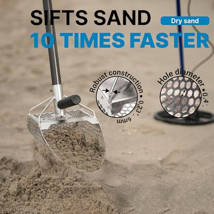 Sand Scoops for Beach Metal Detecting Stainless Steel Beach Metal Detecting Shovel Underwater Treasure Hunting, Metal Detector Accessories(Bag + Scoop + Carbon Fiber Handle), (11x7 + Handle) - size: 11 x 7 in + Handle