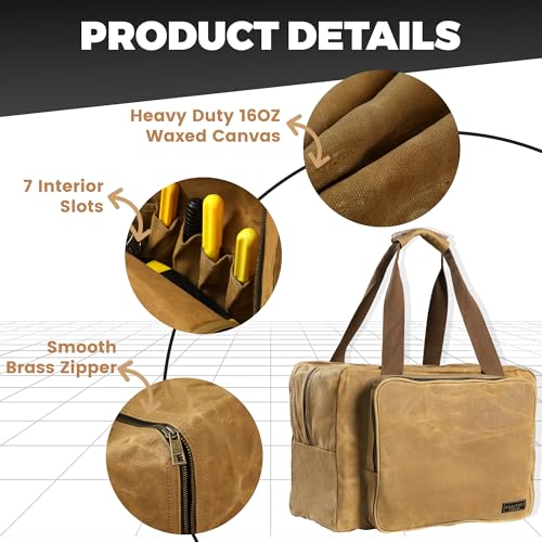 Tool Tote Bag - Large Capacity Tool Carrying Bag with 2 Zipper Pouches, Sustainable 16OZ Waxed Canvas Garden Tote for Gardening Set Hammer Fishing Gear Goggles - Khaki - 15.5"L x 7.5"W x 11.5"H - color: Khaki