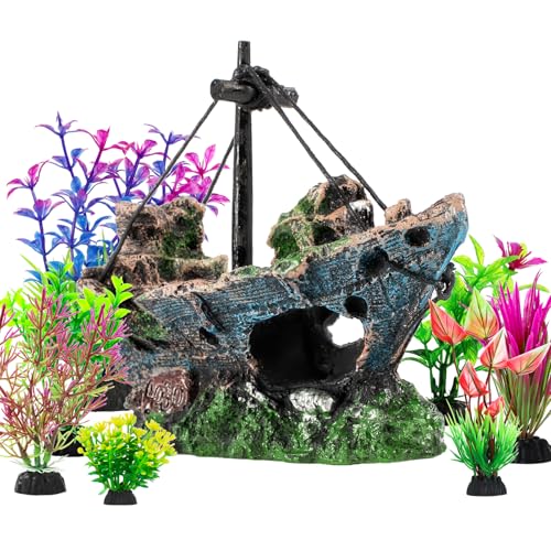 8Pcs Fish Tank Decorations Set Sunken Ship Decoration,Resin Material Fish Tank Accessories Accessories for Natural Look, Aquarium Shipwreck x 1pc, Aquatic Plants x 7pcs