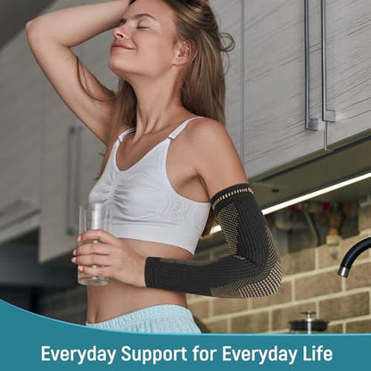 Copper Elbow Compression Sleeve, Extends to Forearm, Snug Fit, Medium | Copper Infused, Extended Coverage, Tennis Elbow Brace, Weightlifting, Tendonitis, Golfers Elbow Pain Relief - size: Medium