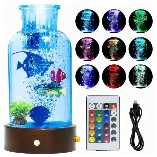 0.8ft Sensory Bubble Aquarium with 3 Fake Fishes, 16-Color Remote Control Night Light, Mini Glass Tank with Fake Plants & Wood Base, Air Pump Style Desktop Decor, Home Decor Gift for Kids & Adults.