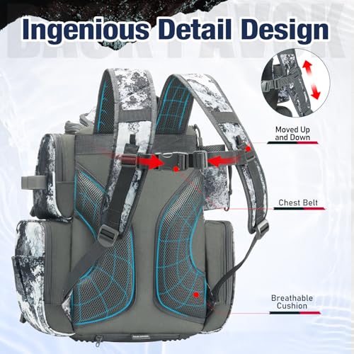 Piscifun Fishing Backpack with 2 Rod Holders & 4 Tackle Boxes, Large Tackle Storage Bag With Rain Cover for Fishing Gear - color: VEIL Camouflage