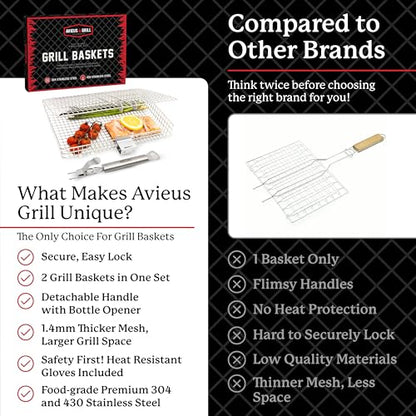AVIEUS GRILL Grill Baskets for Outdoor Grill | 2 Grilling Baskets with Detachable Handle | Barbecue Grill Set with BBQ Gloves | Portable Camping Net Rack Perfect for Vegetables, Seafood & Meat
