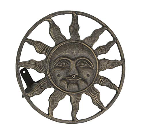 Bronze Finish Cast Iron Sun Face Garden Hose Holder - 12 Inches in Diameter - Decorative Wall-Mounted Outdoor Hanger for Organized and Stylish Outdoor Spaces - color: Sun Face - Bronze