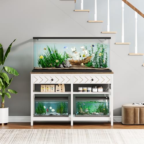 40-50 Gallon Aquarium Stand, Fish Tank Stand with Power Outlets and Drawers, Heavy Duty Metal Reptile Tank Stand for Turtle, 911LBS Capacity, White and Brown (No Aquarium) - color: White and Brown