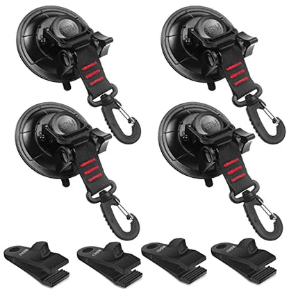 Heavy Duty Suction Cup Anchor 4pcs Strong Suction Cups with Hooks and 4pcs Tarp Clips Deavy Duty Lock Grip for Tie Down Car Awning Boat Camping Trap