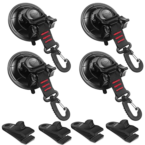 Heavy Duty Suction Cup Anchor 4pcs Strong Suction Cups with Hooks and 4pcs Tarp Clips Deavy Duty Lock Grip for Tie Down Car Awning Boat Camping Trap