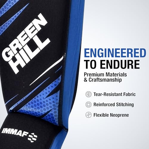 Green Hill IMMAF Shin Guards for MMA, Muay Thai & Kickboxing - color: Black/Blue, size: Small