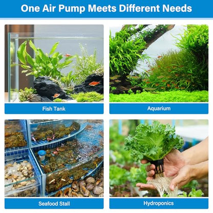 hygger Aquarium Air Pump, Quiet Adjustable Fish Tank Air Pump, 4W/7W/11W Powerful Oxygen Aerator Dual Stainless Steel Outlets with Air Stone Bubbler for Small Medium Large Fish Tank, Hydroponic - size: 4W(Tank Up to 120 Gallon)