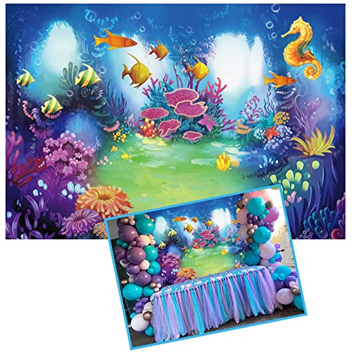 5X3FT Cartoon Under Sea Seabed World Backdrop Colorful Marine Coral Fishes Aquarium Photography Background Mermaid Birthday Baby Shower Party Decorations Kids Girl Photobooth Props - size: 5x3ft