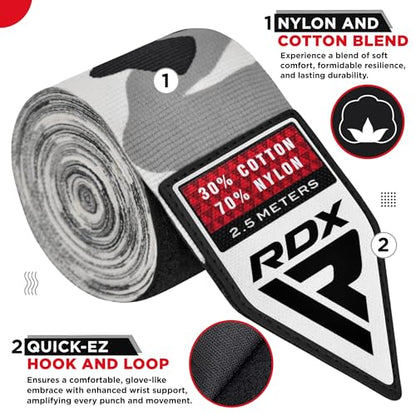 RDX Boxing Wraps Kids 2.5M Inner Gloves, Elasticated Thumb Loop Bandages, Junior Under Mitts Hand Fist Protector Wrist Support Straps, Muay Thai MMA Kickboxing Martial Arts Speed Bag Punching Training - color: CAMO GREY