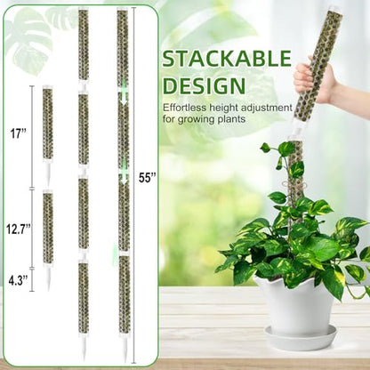 55 Inch Moss Pole Monstera Plant Support, 4 Pack 17 Inch Plant Support Stakes for Indoor Climbing Plants, Stackable Sphagnum Moss Pole Sticks for Garden Potted Planter, Pothos, Philodendron