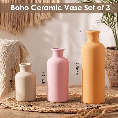 Modern Ceramic Vase Set of 3 Pink Orange Boho Vases for Home Farmhouse Rustic Decorative Bottles for Living Room Bedroom Shelf Table Bookshelf Entryway Decoration Housewarming Gift