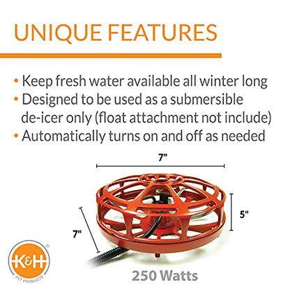K&H Pet Products Bucket Heater, Ultimate Pail & Bucket Water Submersible Deicer (No Float), Animal Bucket Heater for Goats, Horses, Cattle, Chickens and Livestock Deicer - Red 250W - size: 250 Watts