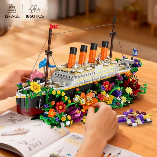 INSOON Botanical Titanic Ship Building Set with Lights, 1860 PCS Floral Display Model, Home Decor Building Kit for Adults, Unique Gift for Women, Flower and Titanic Lovers