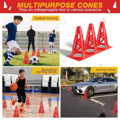 12 Pack Soccer Cones, 9 Inch Agility Cones for Soccer, Football, Basketball, Cones for Sports Training, Speed & Agility Drills, Field Marking Equipment - color: red