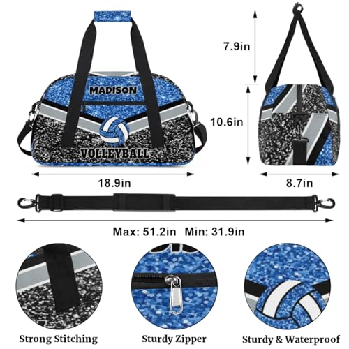 Personalized Volleyball Bag for Teens, Blue and Black Glitters Sequins | Custom Dance Bag Name Overnight Small Duffel Bag for Practice Gymnastics Ballet Sports Bag - color: Blue Black