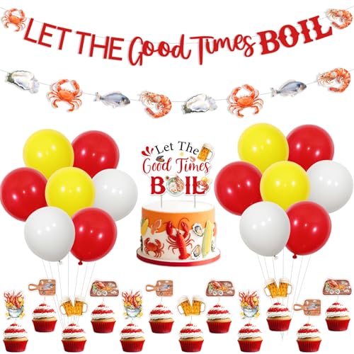 Cheereveal Let the Good Times Boil Party Decorations Kit, Seafood Banner Garland Cake Toppers Cupcake Picks, Red White Yellow Balloons, Crawfish Lobster Shrimp Boil Birthday Bridal Shower Decor