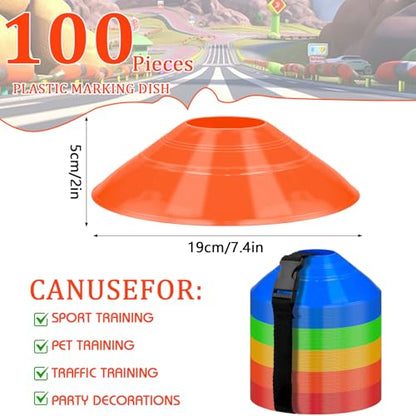 100 Pack Soccer Cones with Carry Strap, Agility Disc Cones, Field Markers