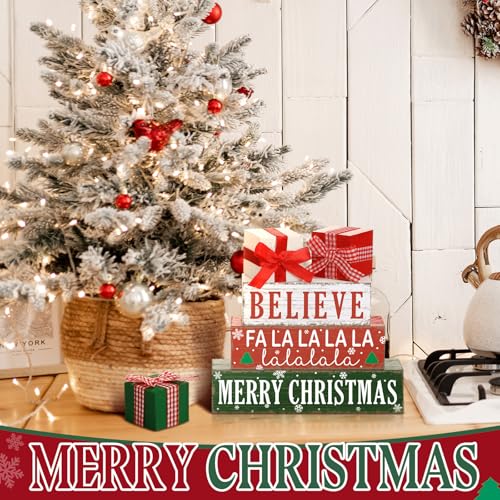 4 Pieces Merry Christmas Wooden Table Decorations Xmas Wood Gift Boxes Decor Rustic Christmas Tiered Tray Decor Xmas Believe Tabletop Centerpieces for Home Desk Room Kitchen Shelf - style: Gift