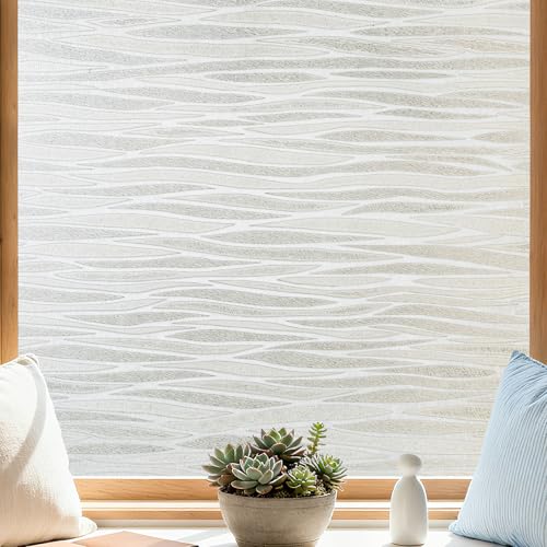 Finnez Frosted Privacy Window Film Static Cling, Non-Adhesive Decorative Cover for Glass Door & Windows, No Glue Removable Clings UV Blocking Waves Design for Home Office 23.6 x 157.4 Inches - color: Line Pattern, size: 23.6 x 157.4 inches