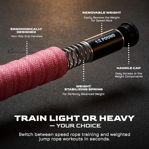 WOD Nation Weight Jump Rope for Men & Women, 1LB Adjustable Heavy Speed Rope with Removable Handle Weights, Dual Cables for Cross Training, Cardio, Home Workouts Adult Fitness Jump Rope - color: Pink